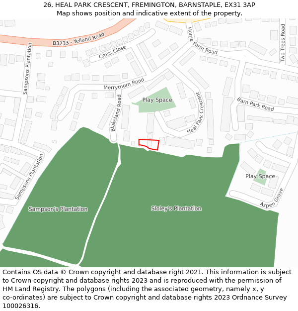 26, HEAL PARK CRESCENT, FREMINGTON, BARNSTAPLE, EX31 3AP: Location map and indicative extent of plot