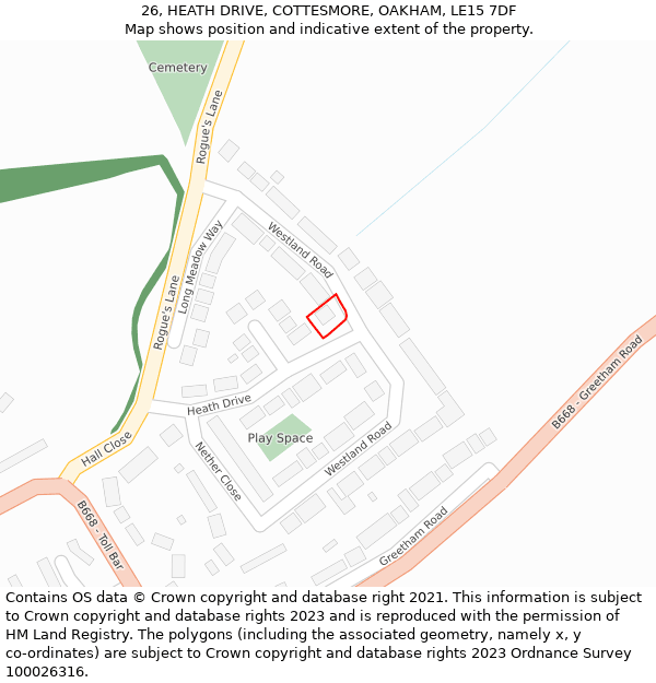 26, HEATH DRIVE, COTTESMORE, OAKHAM, LE15 7DF: Location map and indicative extent of plot