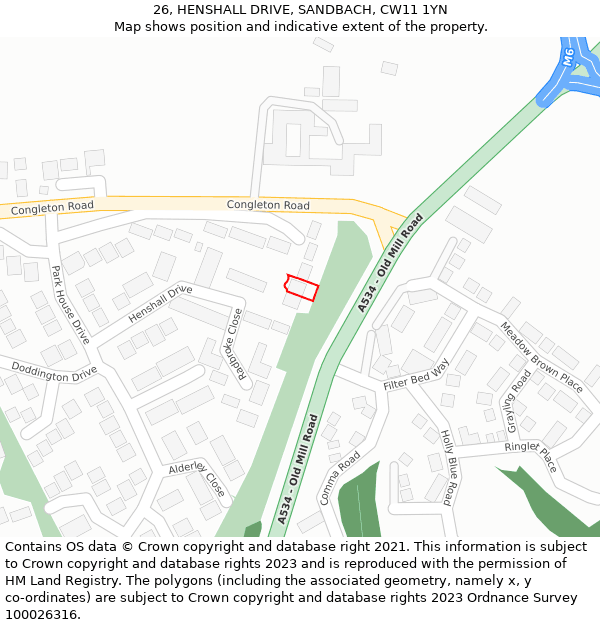 26, HENSHALL DRIVE, SANDBACH, CW11 1YN: Location map and indicative extent of plot