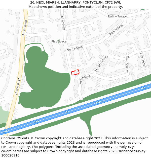26, HEOL MIAREN, LLANHARRY, PONTYCLUN, CF72 9WL: Location map and indicative extent of plot