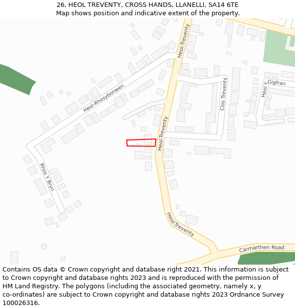 26, HEOL TREVENTY, CROSS HANDS, LLANELLI, SA14 6TE: Location map and indicative extent of plot