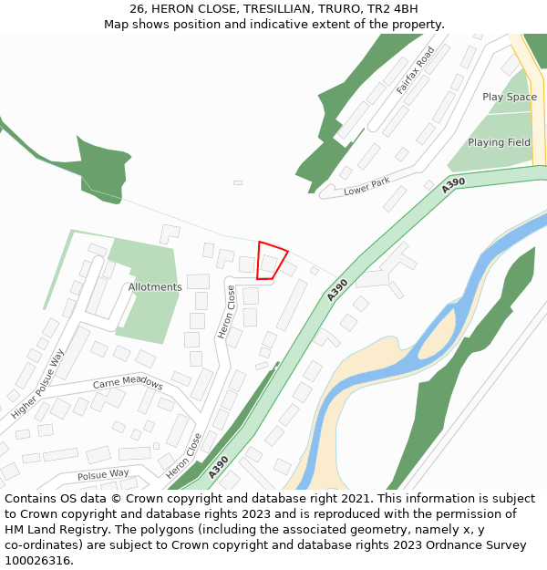 26, HERON CLOSE, TRESILLIAN, TRURO, TR2 4BH: Location map and indicative extent of plot