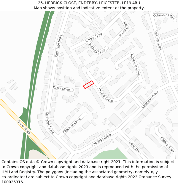 26, HERRICK CLOSE, ENDERBY, LEICESTER, LE19 4RU: Location map and indicative extent of plot