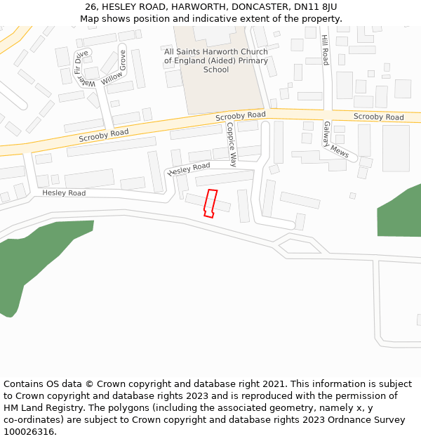 26, HESLEY ROAD, HARWORTH, DONCASTER, DN11 8JU: Location map and indicative extent of plot