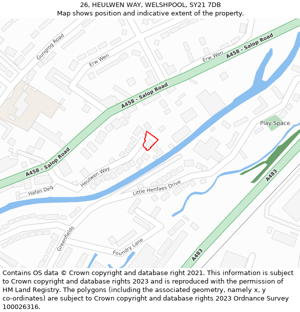 26, HEULWEN WAY, WELSHPOOL, SY21 7DB: Location map and indicative extent of plot