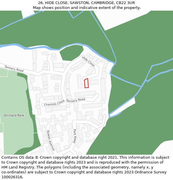 26, HIDE CLOSE, SAWSTON, CAMBRIDGE, CB22 3UR: Location map and indicative extent of plot