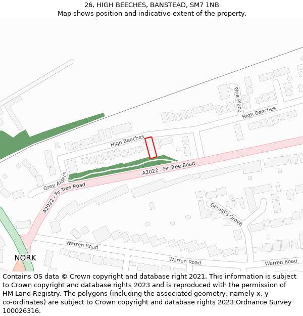 26, HIGH BEECHES, BANSTEAD, SM7 1NB: Location map and indicative extent of plot