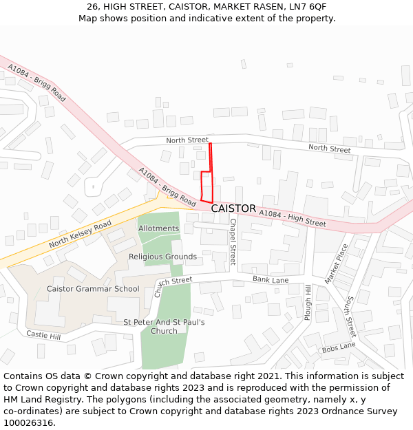 26, HIGH STREET, CAISTOR, MARKET RASEN, LN7 6QF: Location map and indicative extent of plot