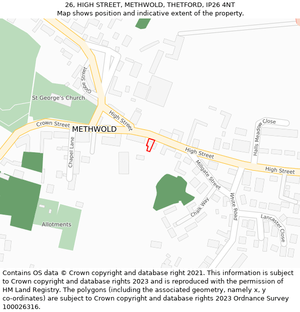 26, HIGH STREET, METHWOLD, THETFORD, IP26 4NT: Location map and indicative extent of plot