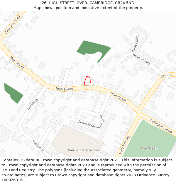 26, HIGH STREET, OVER, CAMBRIDGE, CB24 5ND: Location map and indicative extent of plot