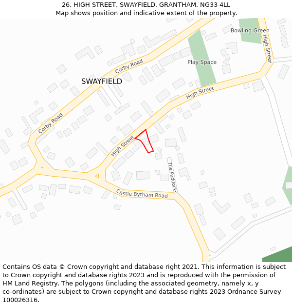 26, HIGH STREET, SWAYFIELD, GRANTHAM, NG33 4LL: Location map and indicative extent of plot