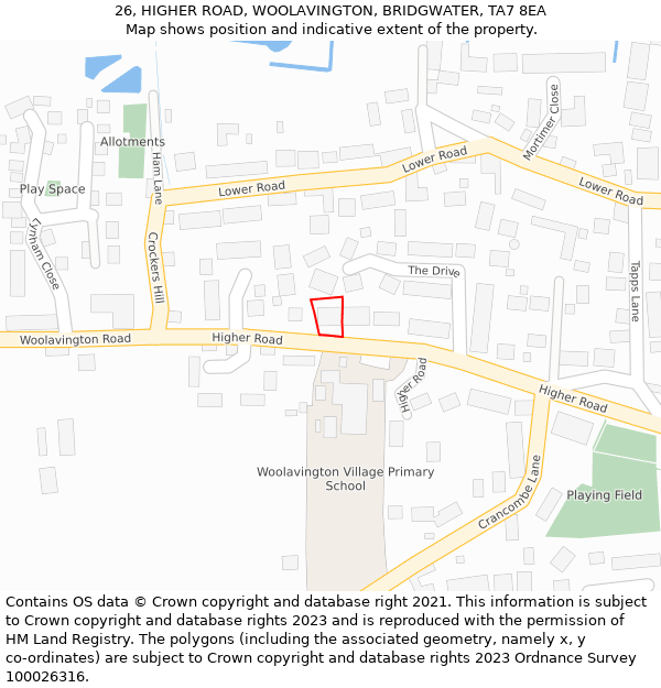 26, HIGHER ROAD, WOOLAVINGTON, BRIDGWATER, TA7 8EA: Location map and indicative extent of plot