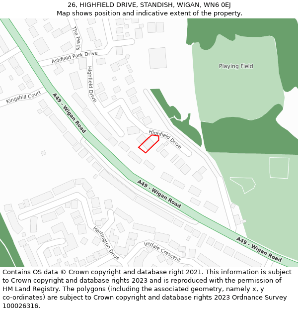 26, HIGHFIELD DRIVE, STANDISH, WIGAN, WN6 0EJ: Location map and indicative extent of plot