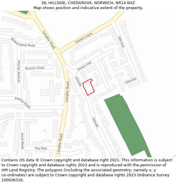 26, HILLSIDE, CHEDGRAVE, NORWICH, NR14 6HZ: Location map and indicative extent of plot