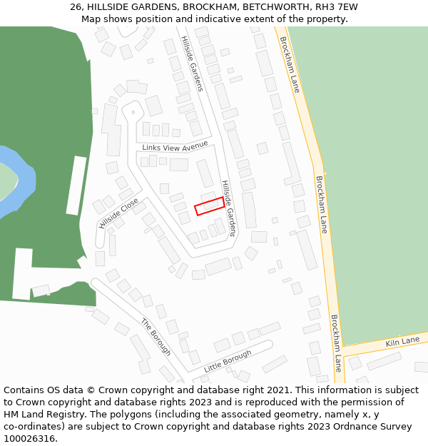 26, HILLSIDE GARDENS, BROCKHAM, BETCHWORTH, RH3 7EW: Location map and indicative extent of plot