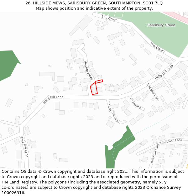 26, HILLSIDE MEWS, SARISBURY GREEN, SOUTHAMPTON, SO31 7LQ: Location map and indicative extent of plot