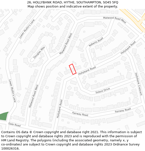 26, HOLLYBANK ROAD, HYTHE, SOUTHAMPTON, SO45 5FQ: Location map and indicative extent of plot