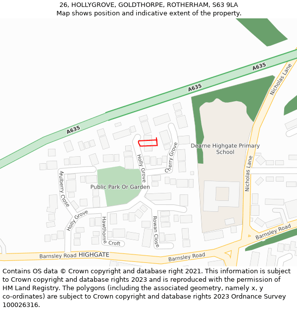 26, HOLLYGROVE, GOLDTHORPE, ROTHERHAM, S63 9LA: Location map and indicative extent of plot