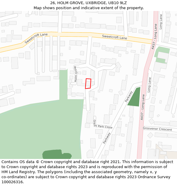 26, HOLM GROVE, UXBRIDGE, UB10 9LZ: Location map and indicative extent of plot