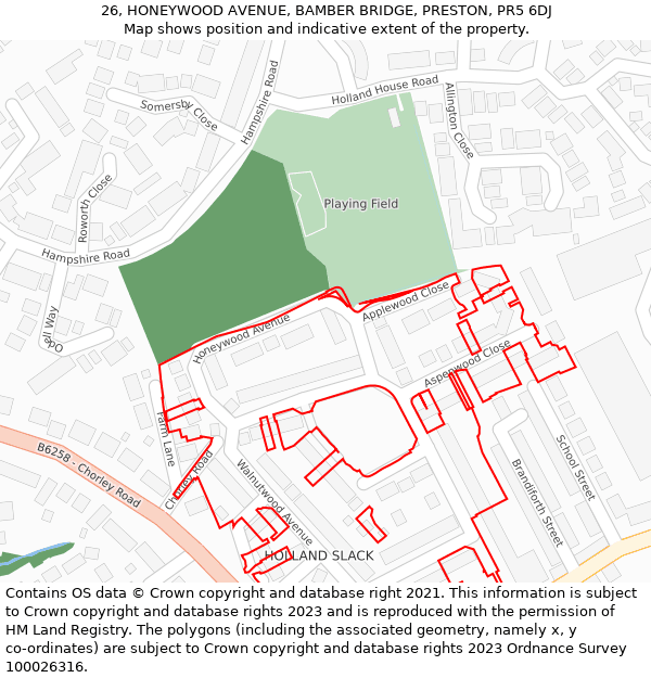 26, HONEYWOOD AVENUE, BAMBER BRIDGE, PRESTON, PR5 6DJ: Location map and indicative extent of plot