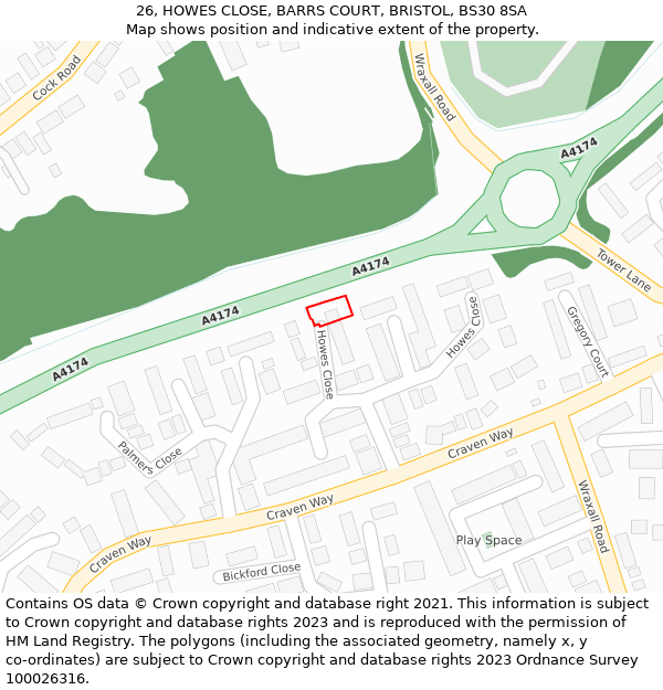 26, HOWES CLOSE, BARRS COURT, BRISTOL, BS30 8SA: Location map and indicative extent of plot