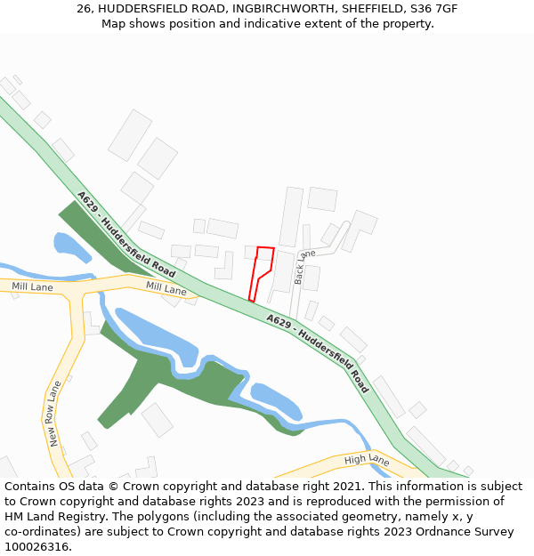 26, HUDDERSFIELD ROAD, INGBIRCHWORTH, SHEFFIELD, S36 7GF: Location map and indicative extent of plot