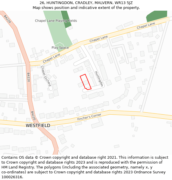 26, HUNTINGDON, CRADLEY, MALVERN, WR13 5JZ: Location map and indicative extent of plot