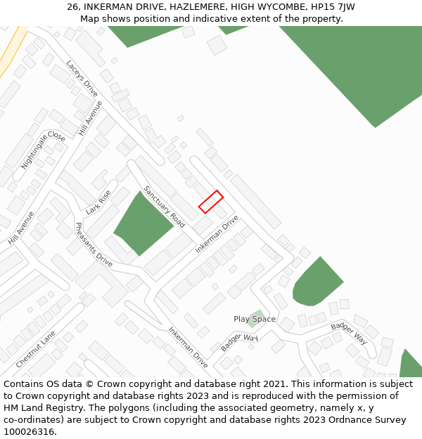 26, INKERMAN DRIVE, HAZLEMERE, HIGH WYCOMBE, HP15 7JW: Location map and indicative extent of plot