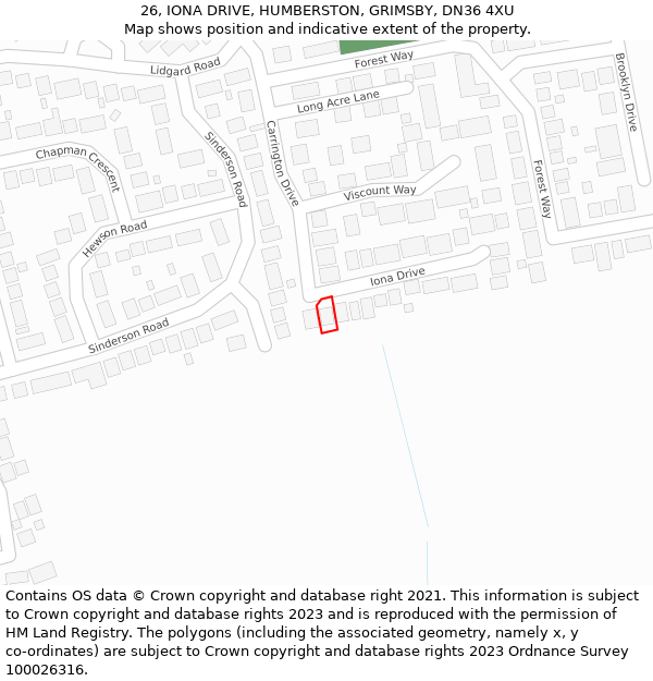 26, IONA DRIVE, HUMBERSTON, GRIMSBY, DN36 4XU: Location map and indicative extent of plot