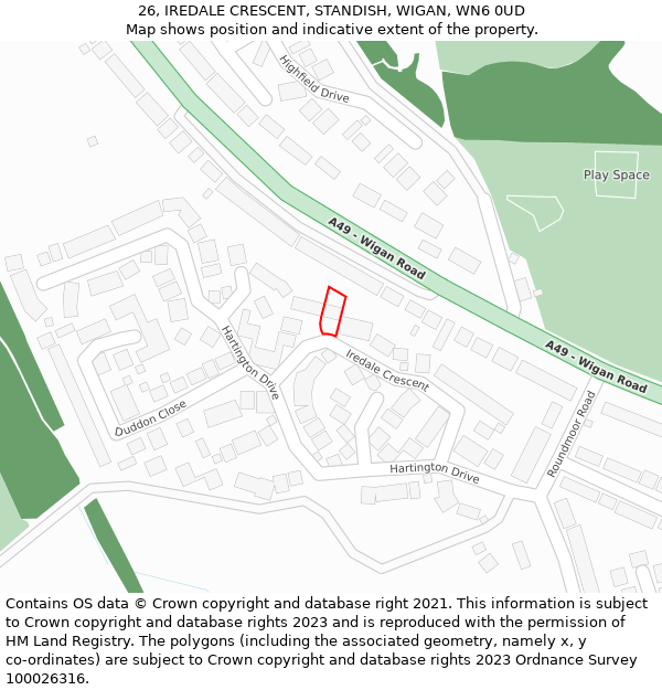26, IREDALE CRESCENT, STANDISH, WIGAN, WN6 0UD: Location map and indicative extent of plot