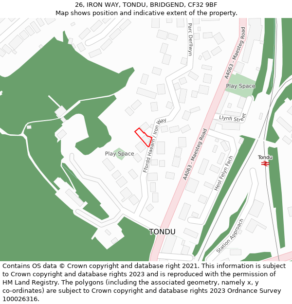 26, IRON WAY, TONDU, BRIDGEND, CF32 9BF: Location map and indicative extent of plot