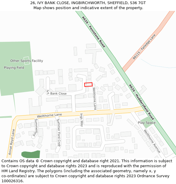 26, IVY BANK CLOSE, INGBIRCHWORTH, SHEFFIELD, S36 7GT: Location map and indicative extent of plot