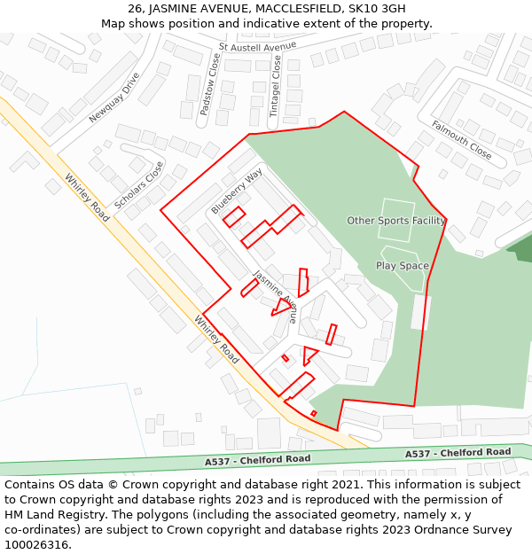 26, JASMINE AVENUE, MACCLESFIELD, SK10 3GH: Location map and indicative extent of plot