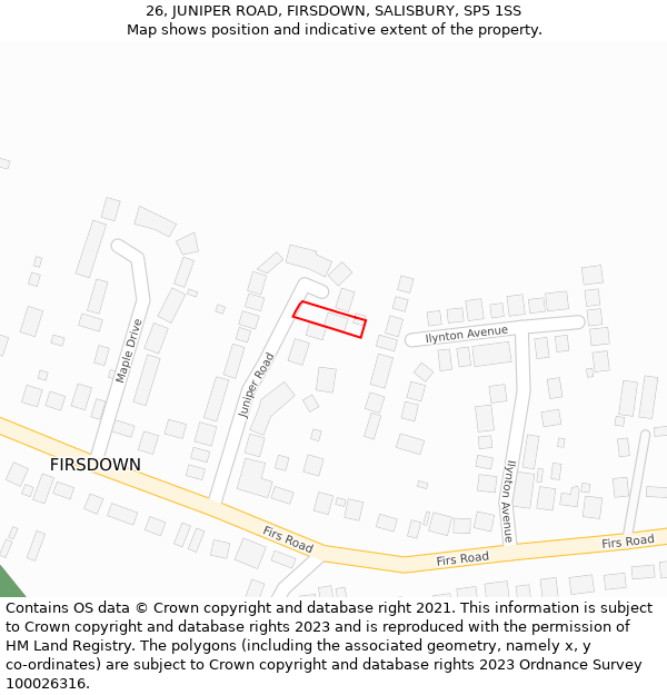 26, JUNIPER ROAD, FIRSDOWN, SALISBURY, SP5 1SS: Location map and indicative extent of plot