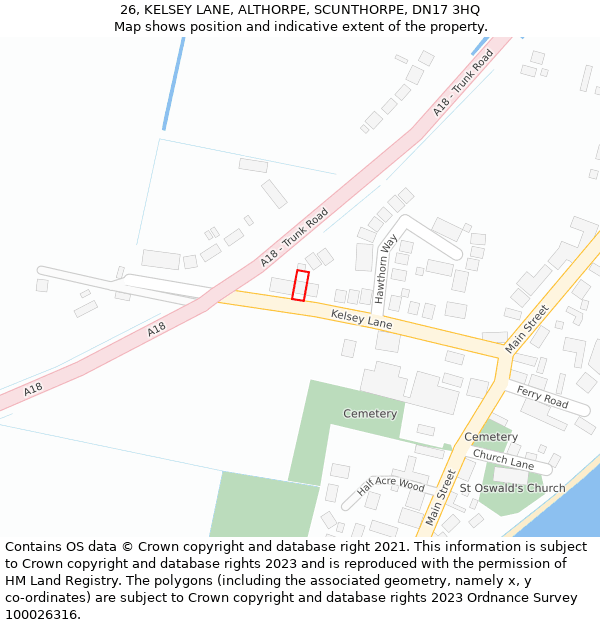 26, KELSEY LANE, ALTHORPE, SCUNTHORPE, DN17 3HQ: Location map and indicative extent of plot