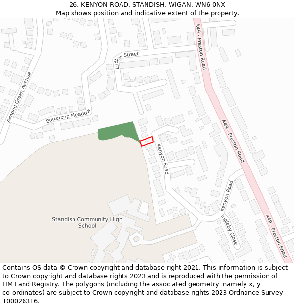 26, KENYON ROAD, STANDISH, WIGAN, WN6 0NX: Location map and indicative extent of plot