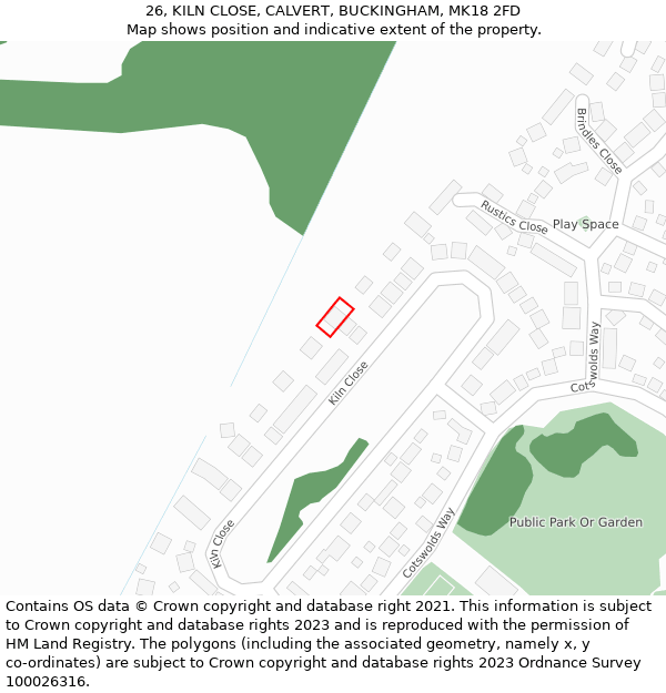 26, KILN CLOSE, CALVERT, BUCKINGHAM, MK18 2FD: Location map and indicative extent of plot