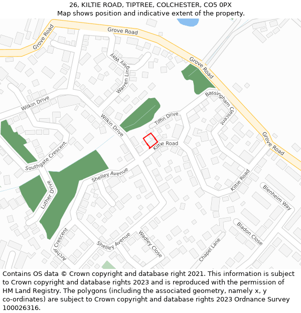 26, KILTIE ROAD, TIPTREE, COLCHESTER, CO5 0PX: Location map and indicative extent of plot