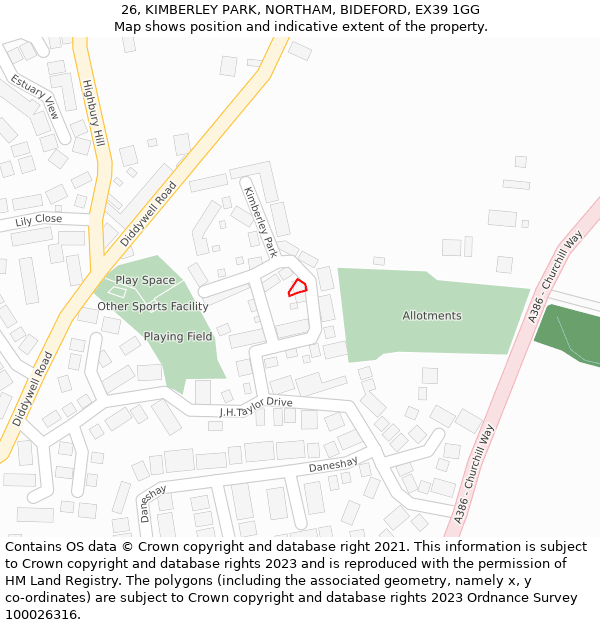 26, KIMBERLEY PARK, NORTHAM, BIDEFORD, EX39 1GG: Location map and indicative extent of plot