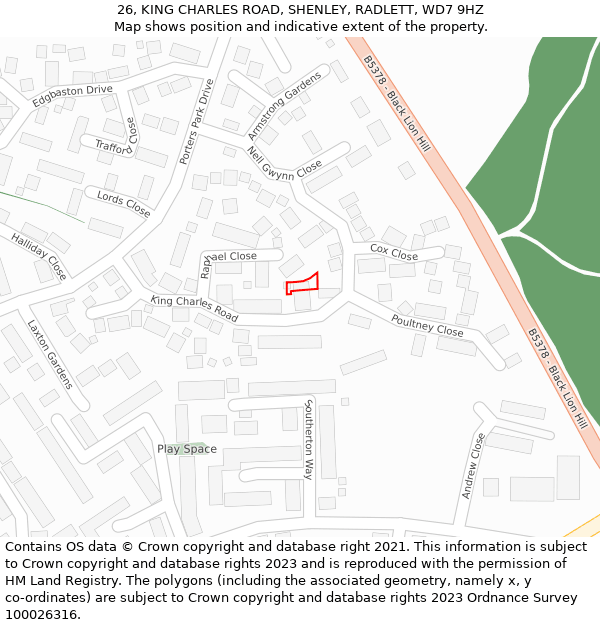 26, KING CHARLES ROAD, SHENLEY, RADLETT, WD7 9HZ: Location map and indicative extent of plot