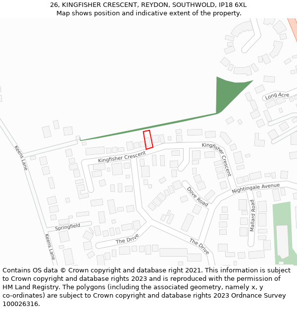 26, KINGFISHER CRESCENT, REYDON, SOUTHWOLD, IP18 6XL: Location map and indicative extent of plot