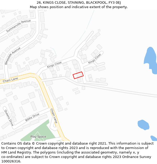 26, KINGS CLOSE, STAINING, BLACKPOOL, FY3 0EJ: Location map and indicative extent of plot