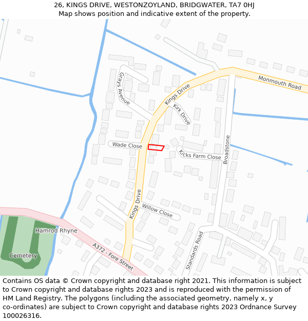 26, KINGS DRIVE, WESTONZOYLAND, BRIDGWATER, TA7 0HJ: Location map and indicative extent of plot