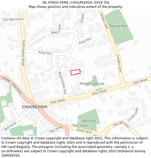 26, KINGS PARK, CHULMLEIGH, EX18 7DJ: Location map and indicative extent of plot