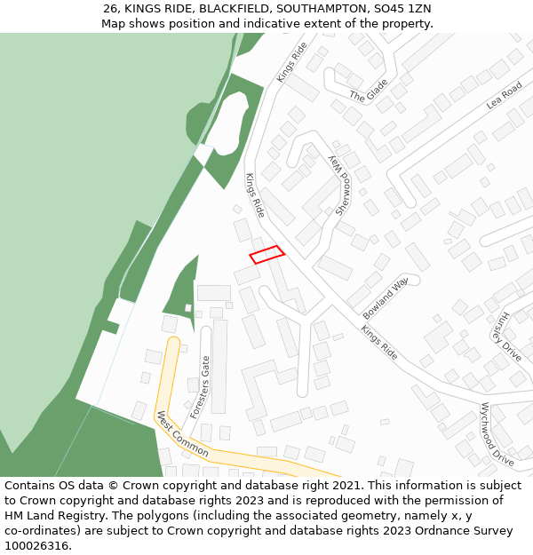 26, KINGS RIDE, BLACKFIELD, SOUTHAMPTON, SO45 1ZN: Location map and indicative extent of plot