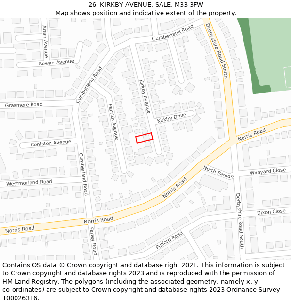 26, KIRKBY AVENUE, SALE, M33 3FW: Location map and indicative extent of plot