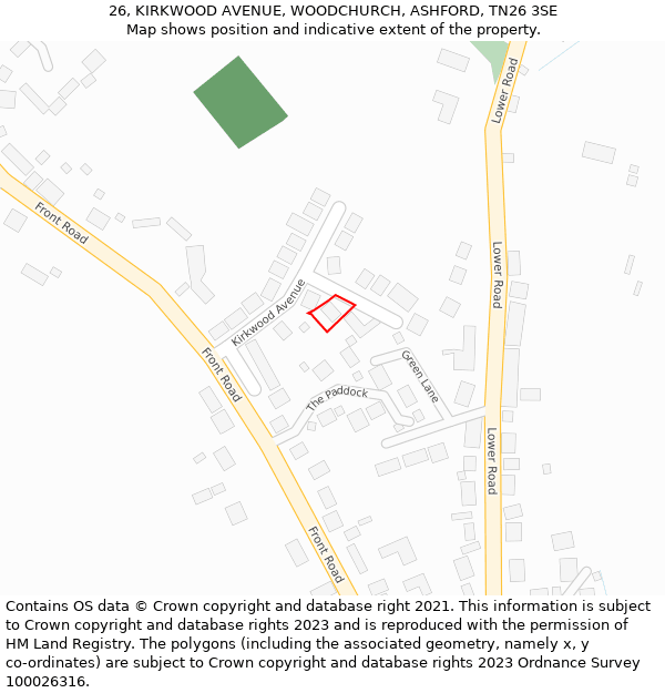 26, KIRKWOOD AVENUE, WOODCHURCH, ASHFORD, TN26 3SE: Location map and indicative extent of plot