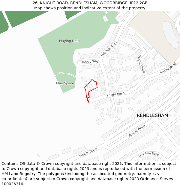 26, KNIGHT ROAD, RENDLESHAM, WOODBRIDGE, IP12 2GR: Location map and indicative extent of plot