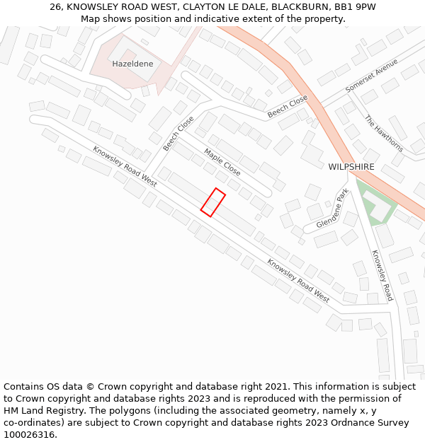 26, KNOWSLEY ROAD WEST, CLAYTON LE DALE, BLACKBURN, BB1 9PW: Location map and indicative extent of plot