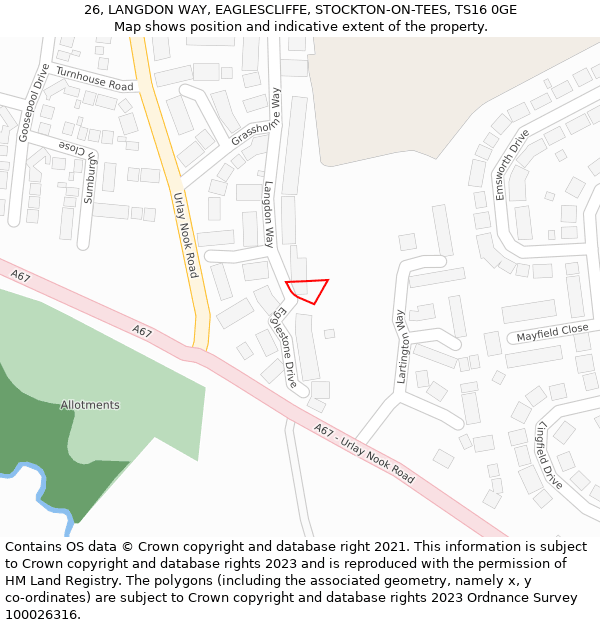 26, LANGDON WAY, EAGLESCLIFFE, STOCKTON-ON-TEES, TS16 0GE: Location map and indicative extent of plot